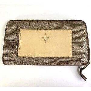 India Hicks Island Gecko Wallet Continental Brown Leather Zip Around Gold Boho